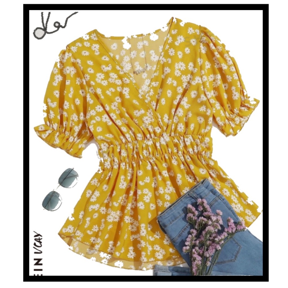 Yellow Short Sleeve Peplum Floral Blouse